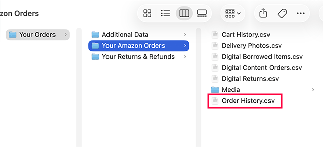 Amazonの購入履歴のフォルダ構成